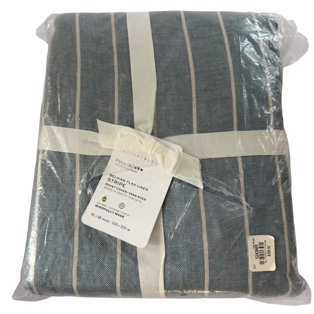 Pottery Barn Belgian Flax Linen Stripe Duvet Cover Full Queen Blue White NEW